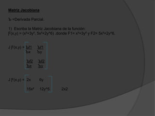 Matriz Jacobiana
Ъ =Derivada Parcial.
1) Escriba la Matriz Jacobiana de la función:
Ƒ(x,y) = (x²+3y², 5x³+2y^6) ,donde F1= x²+3y² y F2= 5x³+2y^6.
J Ƒ(x,y) = Ъf1 Ъf1
Ъx Ъy
Ъf2 Ъf2
Ъx Ъy
J Ƒ(x,y) = 2x 6y
15x² 12y^5 2x2
 