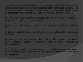 Observamos que las tablas de minimización y de maximización son idénticas
salvo que los valores de los multiplicadores están cambiados de signo. Por
tanto, la estrategia conveniente para optimizar la función sujeta a restricciones
de desigualdad por el método de las condiciones de Kuhn Tucker será:
1) Plantear el problema como si se tratara solo de minimización y resolver el
sistema de ecuaciones correspondientes.
2) Eliminar aquellos puntos encontrados que no satisfacen las restricciones G1
≤0 .
3) Eliminar aquellos puntos que tienen a la vez multiplicadores positivos y
negativos.
4) Para minimización: escoger dentro de aquellos puntos que tienen
multiplicadores no negativos, aquellos que tienen la menor evaluación de
función objetivo.
5) Para maximización: escoger dentro de aquellos puntos que tienen
multiplicadores no positivos, aquellos que tienen la mayor evaluación de la
función objetivo.
 