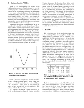 3 Optimising the Width                                      Usually this means the location of the global mini-
                                                            mum also changes smoothly with r but there are par-
   When GCV is di erentiated with respect to the            ticular values of the width where the identity of the
regularisation parameter and set equal to zero the          local minima with the smallest GCV switches, caus-
resulting equation can be manipulated so that alone         ing an abrupt change in location (but not height) of
appears on the left hand side, enabling the equation to     the global minimum. This explains the discontinuous
be used as a re-estimation formula. Unfortunately the       changes of slope in the curve of gure 2. Local min-
same trick does not work with r because, after setting      ima can also be created or destroyed as r changes, so
the derivative of GCV with respect to r to zero, the        discontinuous changes in value are also possible.
terms explicitly involving r cancel so r cannot be iso-        Of course, the ultimate arbiter of generalisation
lated and a re-estimation formula is impossible. The        performance is not the value of a model selection cri-
same applies to other model selection criteria such as      terion (such as GCV) on a particular realisation of
maximum likelihood of the data 6].                          the problem but the error of an independent test set
   When there is only one width parameter, as we as-        averaged over multiple realisations. We perform such
sume here, it is feasible to tackle the problem of choos-   a test in the next section.
ing an optimal value by experimenting with a number
of trial values and selecting the one most favoured by
the model selection criterion. The range of trial values
                                                            4 Results
used will be problem speci c and could be determined            For a thorough test of the method we turn to a
by the likely maximum and minimum scales involved           more realistic problem stemming from Friedmann's
in the particular problem. The number of trial values       MARS paper 1] and later used to compare RBFs
between the these limits will depend on the size of the     and MARS 5]. The problem involves the prediction
problem (p) and the available computing resources           of impedance Z and phase from the four parameters
since for each trial value an eigensystem computation       (resistance, frequency, inductance and capacitance) of
(with cost proportional to p3 ) will be necessary.          an electrical circuit. Training sets of three di erent
                                                            sizes (100, 200, 400) and with a signal-to-noise ra-
                                                            tio of about 3:1 were replicated 100 times each. The
                                                            input components were normalised to have unit vari-
                                                            ance and zero mean for each replication. The learning
                                                            method, as described above, was applied using a set
                                                            of 10 trial values of r between 1 and 10. Generali-
                                                            sation performance was estimated by scaled sum of
                                                            squared errors over two independent test sets (one
    GCV




                                                            for Z and one for ) of size 5000 and uncorrupted by
                                                            noise. This is the same experimental set up as in the
                                                            previous papers 1, 5] from which further details can
                                                            be obtained.
                                                                                 Z
                                                                     p NEW OLD NEW OLD
          0     0.2      0.4       0.6   0.8      1                 100 0.34 0.45 0.27 0.26
                               r                                    200 0.19 0.26 0.18 0.20
                                                                    400 0.14 0.14 0.13 0.16
  Figure 2: Tracking the global minimum with
  respect to as r changes.                                    Table 1: Average generalisation errors for the
                                                              new method, which optimises the width r, and
                                                              an older method which does not.
   Figure 2 illustrates using the toy problem described
earlier. It shows the value of GCV at the global min-
imum over for 50 trial values of r between 0.1 and             Table 1 summarises the results. The left hand col-
1.0. The value of r = 0:2, which we used earlier, ap-       umn gives training set size. Two sets of results, one
pears to have been a little on the small side. The          for Z and one for , are given. The gures quoted are
optimal value is close to 0.45.                             the average (over 100 replications) of the scaled sum
   As r changes the location ( ) and height (GCV)           of squared prediction errors. Apart from the method
of the local minima (see gure 1) change smoothly.           described above, which involves optimisation of r, the
 