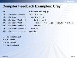 Compiler Feedback Examples: Cray
23.                             ! Matrix Multiply
24.           ib------------<   do k = 1, N
25.           ib ibr4-------<     do j = 1, N
26.           ib ibr4 Vbr4--<       do i = 1, N
27.           ib ibr4 Vbr4            c(i,j) = c(i,j) + a(i,k) * b(k,j)
28.           ib ibr4 Vbr4-->       end do
29.           ib ibr4------->     end do
30.           ib------------>   end do

i   –   interchanged
b   –   blocked
r   –   unrolled
V   -   Vectorized




February 10                                                         Slide 10
 