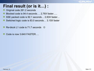 Final result (or is it…) :
    Original code 261.2 seconds
    Blocked code is 94.4 seconds…. 2.76X faster…..
    SSE packed code is 92.1 seconds… 2.83X faster…
    Switched logic code is 83.0 seconds… 3.15X faster

    Re-block L1 code is 71.7 seconds 

    Code is now 3.64X FASTER….




February 10                                             Slide 117
 