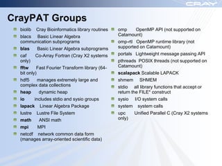 CrayPAT Groups
  biolib   Cray Bioinformatics library routines   omp    OpenMP API (not supported on
  blacs Basic Linear Algebra                      Catamount)
  communication subprograms                       omp-rtl OpenMP runtime library (not
  blas      Basic Linear Algebra subprograms      supported on Catamount)
  caf      Co-Array Fortran (Cray X2 systems      portals Lightweight message passing API
  only)                                           pthreads POSIX threads (not supported on
  fftw     Fast Fourier Transform library (64-    Catamount)
  bit only)                                       scalapack Scalable LAPACK
  hdf5   manages extremely large and              shmem      SHMEM
  complex data collections                        stdio all library functions that accept or
  heap       dynamic heap                         return the FILE* construct
  io       includes stdio and sysio groups        sysio    I/O system calls
  lapack     Linear Algebra Package               system    system calls
  lustre    Lustre File System                    upc      Unified Parallel C (Cray X2 systems
  math       ANSI math                            only)
  mpi       MPI
  netcdf network common data form
  (manages array-oriented scientific data)
 