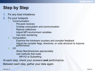 Step by Step
1. Fix any load imbalance
2. Fix your hotspots
       1.   Communication
          •    Pre-post receives
          •    Overlap computation and communication
          •    Reduce collectives
          •    Adjust MPI environment variables
          •    Use rank reordering
       2. Computation
          •    Examine the hardware counters and compiler feedback
          •    Adjust the compiler flags, directives, or code structure to improve
               performance
       3. I/O
          •    Stripe files/directories appropriately
          •    Use methods that scale
             •    MPI-IO or Subsetting
At each step, check your answers and performance.
Between each step, gather your data again.
February 10                                                                          Slide 24
 
