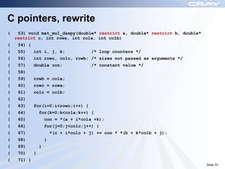 C pointers, rewrite
(    53) void mat_mul_daxpy(double* restrict a, double* restrict b, double*
    restrict c, int rowa, int cola, int colb)
(    54) {
(    55)     int i, j, k;                /* loop counters */
(    56)     int rowc, colc, rowb; /* sizes not passed as arguments */
(    57)     double con;                 /* constant value */
(    58)
(    59)     rowb = cola;
(    60)     rowc = rowa;
(    61)     colc = colb;
(    62)
(    63)     for(i=0;i<rowc;i++) {
(    64)         for(k=0;k<cola;k++) {
(    65)             con = *(a + i*cola +k);
(    66)             for(j=0;j<colc;j++) {
(    67)                 *(c + i*colc + j) += con * *(b + k*colb + j);
(    68)             }
(    69)         }
(    70)     }
(    71) }
                                                                              Slide 70
 