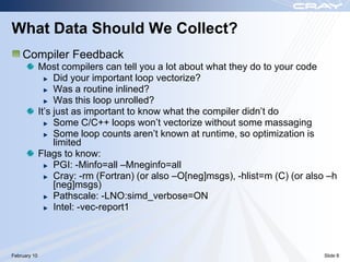 What Data Should We Collect?
    Compiler Feedback
              Most compilers can tell you a lot about what they do to your code
                   Did your important loop vectorize?
                   Was a routine inlined?
                   Was this loop unrolled?
              It‟s just as important to know what the compiler didn‟t do
                   Some C/C++ loops won‟t vectorize without some massaging
                   Some loop counts aren‟t known at runtime, so optimization is
                   limited
              Flags to know:
                   PGI: -Minfo=all –Mneginfo=all
                   Cray: -rm (Fortran) (or also –O[neg]msgs), -hlist=m (C) (or also –h
                   [neg]msgs)
                   Pathscale: -LNO:simd_verbose=ON
                   Intel: -vec-report1



February 10                                                                       Slide 8
 