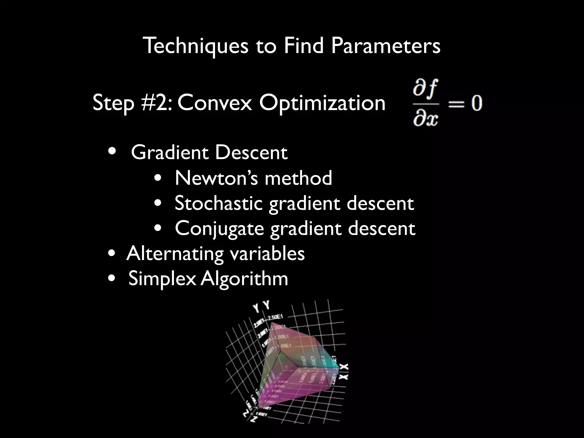 Techniques to Find Parameters
• Gradient Descent
• Newton’s method
• Stochastic gradient descent
• Conjugate gradient descent
• Alternating variables
• Simplex Algorithm
Step #2: Convex Optimization
 