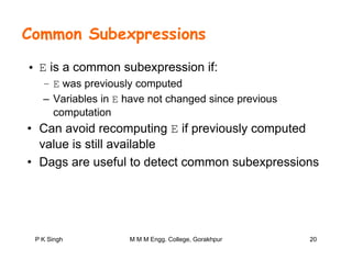 Common Subexpressions
• E is a common subexpression if:
– E was previously computed– E was previously computed
– Variables in E have not changed since previous
computation
• Can avoid recomputing E if previously computed
value is still available
• Dags are useful to detect common subexpressions
P K Singh 20M M M Engg. College, Gorakhpur
 
