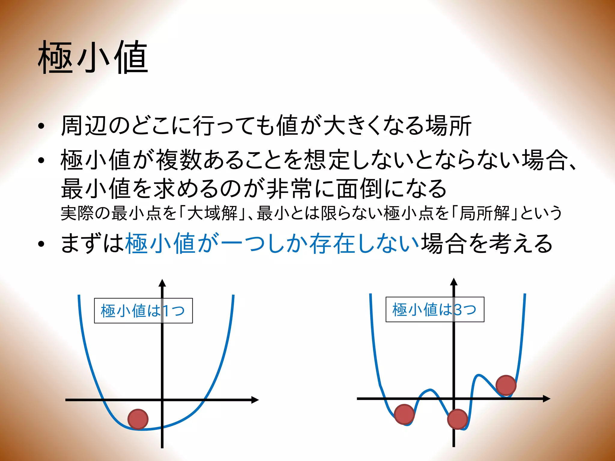 極小値
• 周辺のどこに行っても値が大きくなる場所
• 極小値が複数あることを想定しないとならない場合、
最小値を求めるのが非常に面倒になる
実際の最小点を「大域解」、最小とは限らない極小点を「局所解」という
• まずは極小値が一つしか存在しない場合を考える
極小値は1つ 極小値は3つ
 