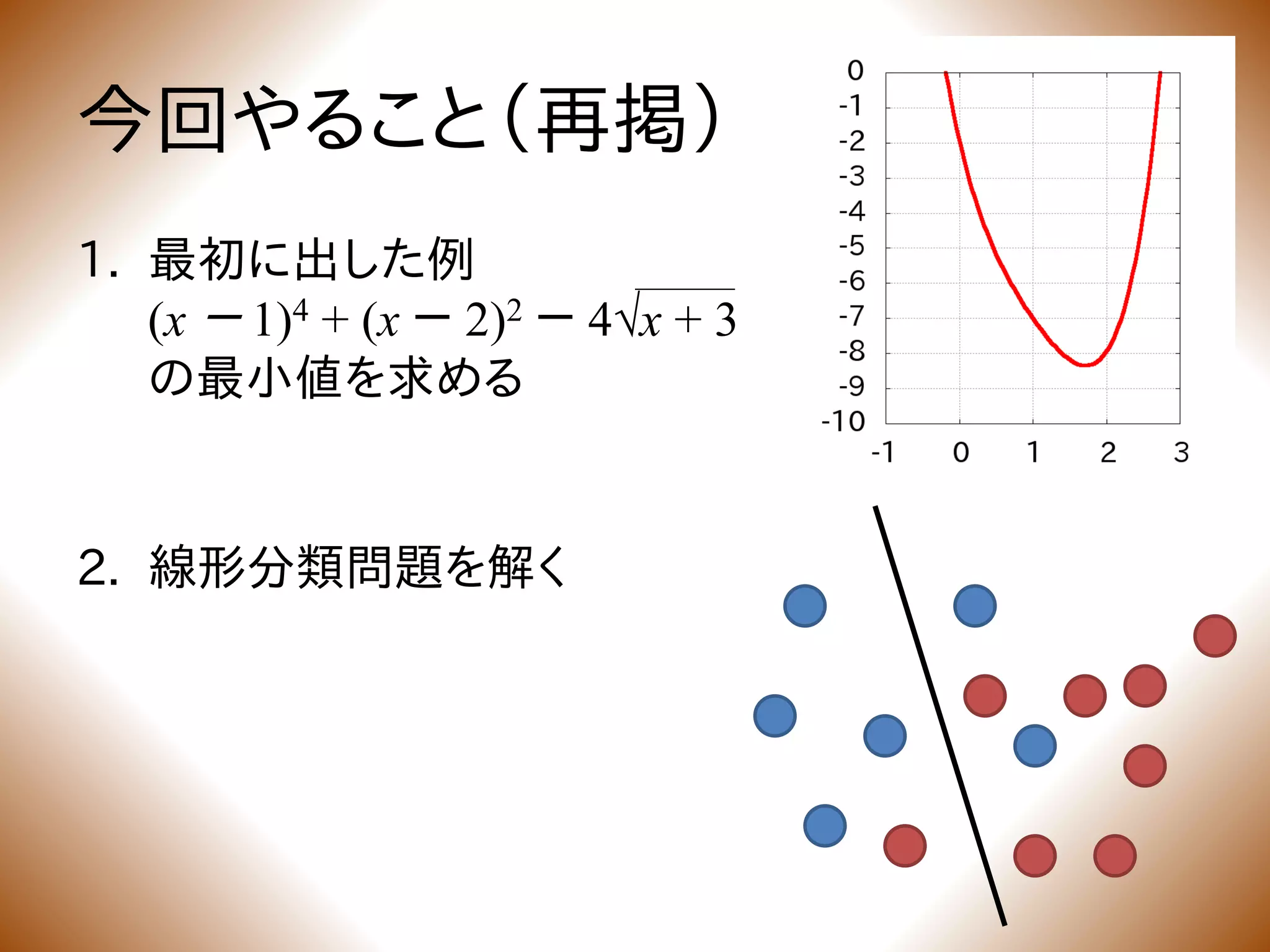 今回やること（再掲）
1. 最初に出した例
(x － 1)4 + (x － 2)2 － 4√x + 3
の最小値を求める
2. 線形分類問題を解く
 