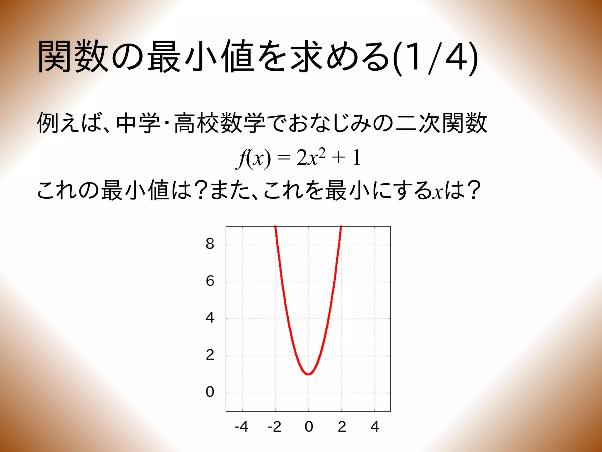 関数の最小値を求める(1/4)
例えば、中学・高校数学でおなじみの二次関数
f(x) = 2x2 + 1
これの最小値は？また、これを最小にするxは？
 