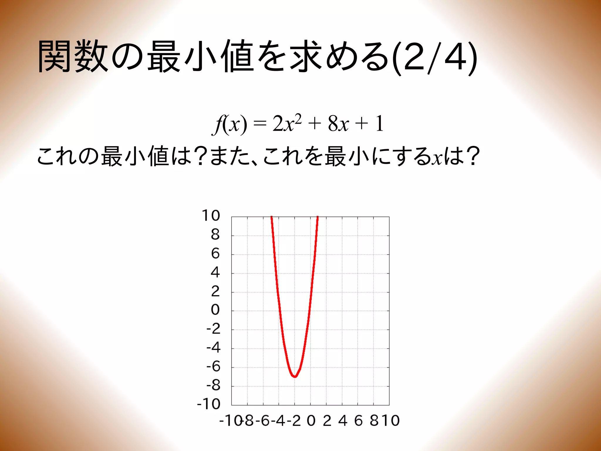 関数の最小値を求める(2/4)
f(x) = 2x2 + 8x + 1
これの最小値は？また、これを最小にするxは？
 