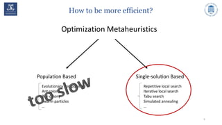 How to be more efficient?
9
Optimization Metaheuristics
Population Based
Evolutionary computation
Ant colony
Bee colony
Swarm particles
…
Single-solution Based
Repetitive local search
Iterative local search
Tabu search
Simulated annealing
…
 