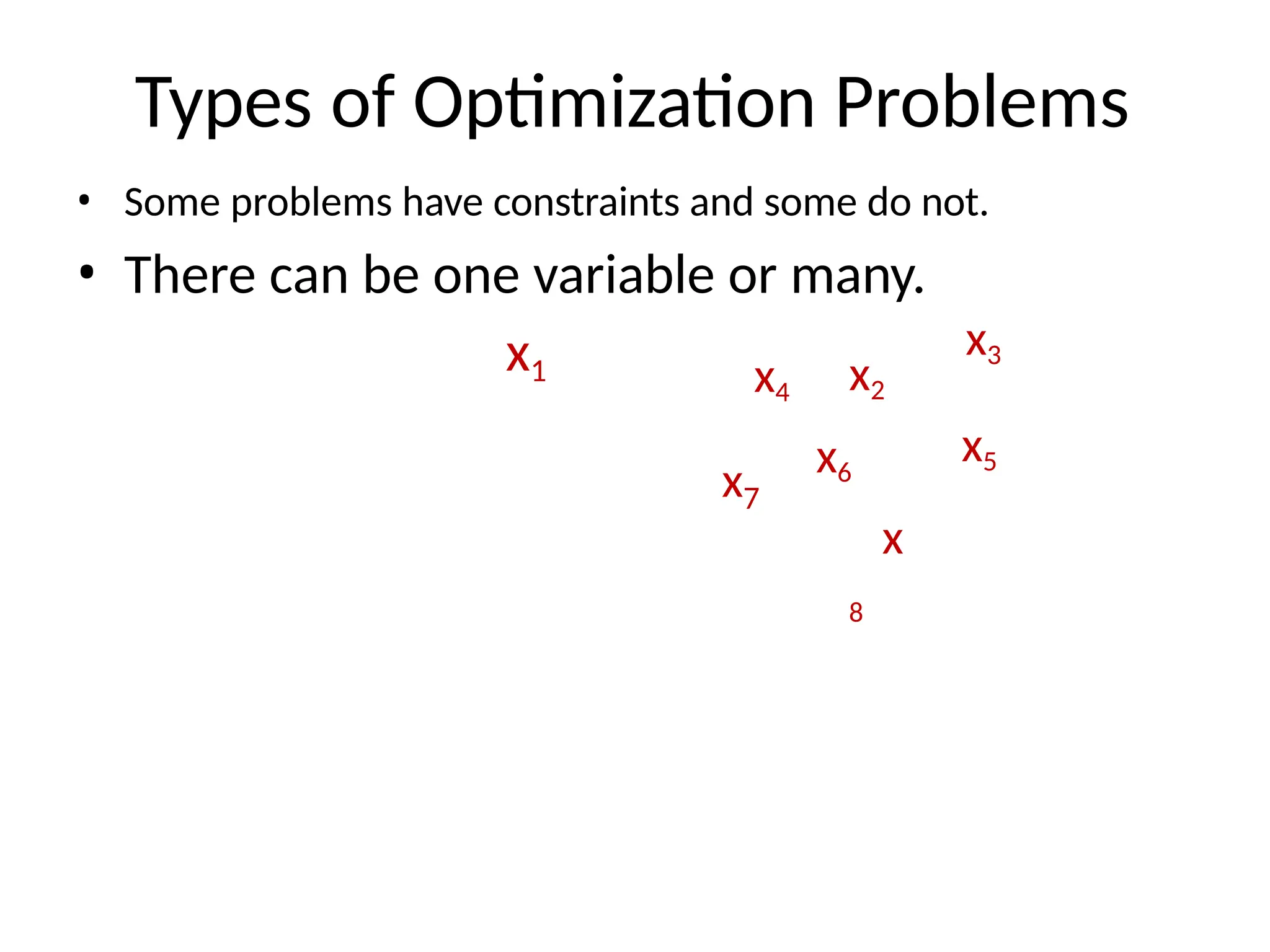 Types of Optimization Problems
• Some problems have constraints and some do not.
• There can be one variable or many.
x1
x3
x2
x6
x
8
x5
x4
x7
 