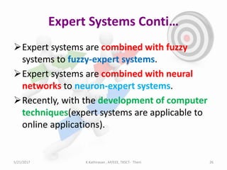 Expert Systems Conti…
Expert systems are combined with fuzzy
systems to fuzzy-expert systems.
Expert systems are combined with neural
networks to neuron-expert systems.
Recently, with the development of computer
techniques(expert systems are applicable to
online applications).
5/21/2017 26K.Kathiravan , AP/EEE, TKSCT- Theni
 