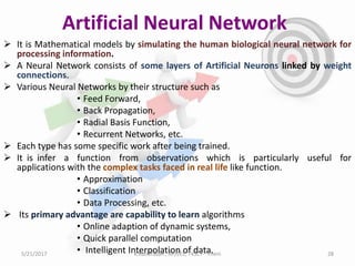 Artificial Neural Network
 It is Mathematical models by simulating the human biological neural network for
processing information.
 A Neural Network consists of some layers of Artificial Neurons linked by weight
connections.
 Various Neural Networks by their structure such as
• Feed Forward,
• Back Propagation,
• Radial Basis Function,
• Recurrent Networks, etc.
 Each type has some specific work after being trained.
 It is infer a function from observations which is particularly useful for
applications with the complex tasks faced in real life like function.
• Approximation
• Classification
• Data Processing, etc.
 Its primary advantage are capability to learn algorithms
• Online adaption of dynamic systems,
• Quick parallel computation
• Intelligent Interpolation of data.5/21/2017 28K.Kathiravan , AP/EEE, TKSCT- Theni
 