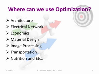 Where can we use Optimization?
 Architecture
 Electrical Network
 Economics
 Material Design
 Image Processing
 Transportation
 Nutrition and Etc..
5/21/2017 K.Kathiravan , AP/EEE, TKSCT- Theni 3
 