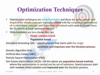 Optimization Techniques
• Optimization techniques are meta-heuristics and these are quite simple and
inspired by simple concepts typically related with the corporeal phenomena
of evolutionary concept and behaviour of animal such meta-heuristics have
the flexibility at local optima avoidance.
• Meta-heuristics are two classes they are
Single solution based
Population based
Simulated Annealing (SA) -- search process that starts with the single
candidate and improves over the iteration process.
Genetic Algorithm (GA)
Artificial Bee Colony (ABC)
Particle Swarm Optimization (PSO)
Ant Colony Optimization (ACO)—All the above are population based method,
where the optimization is carried out by set of solutions. Search process start
with random initial solution and improved over the iteration process.
37K.Kathiravan , AP/EEE, TKSCT- Theni5/21/2017
 