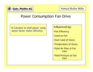 Vertical Roller Mills
Power Consumption Fan Drive
 Calculate to shaft power, using
power factor, motor efficiency
Influenced by:
•Fan Efficiency
•Load on Fan
•Dust Load of Gases
•Temperature of Gases
•Total Air Flow at Fan
Inlet
•Total Pressure at Fan
Inlet
 