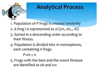 1. Population of P frogs is created randomly
2. A frog i is represented as xi (xi1, xi2,., Xi)
3. Sorted in a descending order according to
their fitness.
4. Population is divided into m memeplexes,
each containing n frogs.
P=m × n
5. Frogs with the best and the worst fitnesse
are identified as xb and xw
Analytical Process
 