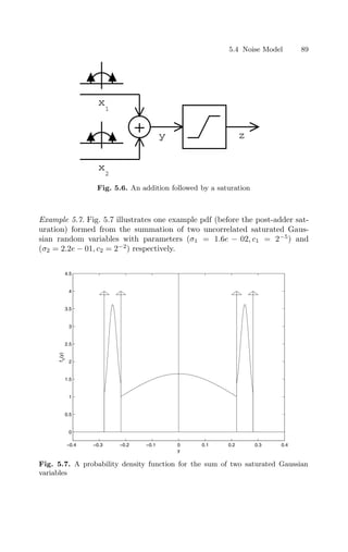 5.4 Noise Model 89
+
x
x
y
1
2
z
Fig. 5.6. An addition followed by a saturation
Example 5.7. Fig. 5.7 illustrates one example pdf (before the post-adder sat-
uration) formed from the summation of two uncorrelated saturated Gaus-
sian random variables with parameters (σ1 = 1.6e − 02, c1 = 2−5
) and
(σ2 = 2.2e − 01, c2 = 2−2
) respectively.
−0.4 −0.3 −0.2 −0.1 0 0.1 0.2 0.3 0.4
0
0.5
1
1.5
2
2.5
3
3.5
4
4.5
y
f
Y
(y)
Fig. 5.7. A probability density function for the sum of two saturated Gaussian
variables
 