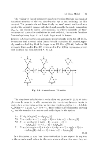 5.4 Noise Model 91
The ‘tuning’ of model parameters can be performed through matching all
statistical moments of the two distributions, up to and including the ﬁfth
moment. The procedure is as follows: ﬁrstly the ‘true’ second and fourth mo-
ment of the saturated sum are calculated, and secondly the model parameters
(σm, cm) are chosen to match these moments. In order to calculate the ‘true’
moments and correlation coeﬃcients for each addition, the transfer functions
from each primary input to each adder input must be known.
Example 5.8. Since saturation arithmetic is particularly useful for IIR ﬁlters,
we consider here a second order Direct Form II transposed IIR section, typic-
ally used as a building block for larger order IIR ﬁlters [Mit98]. Such an IIR
section is illustrated in Fig. 3.2, reproduced in Fig. 5.9 for convenience where
each addition has been labelled A1 to A4.
b b
z
-1
+ + + z
-1
+
b
-a -a
0
1
1
2
2
A4
A3
A2
A1
x
y
Fig. 5.9. A second order IIR section
The covariance calculations at each adder are provided in (5.6) for com-
pleteness. In order to be able to calculate the correlations between inputs to
adders for a second order section, we therefore require rxy[τ] for τ = −1, 0, 1, 2,
rxx[τ] for τ = 1, 2 and ryy[τ] for τ = 1. These values can be calculated knowing
rxx and the transfer functions to each adder input in the system.
A4: E{−b2x[n]a2y[n]} = −b2a2rxy[0]
A3: E{b1x[n](b2x[n − 1] − a2y[n − 1])} = b1b2rxx[1] − b1a2rxy[1]
A2: E{−a1y[n](b1x[n] + b2x[n − 1] − a2y[n − 1])} =
−a1b1rxy[0] − a1b2rxy[−1] + a1a2ryy[1]
A1: E{b0x[n](−a1y[n − 1] + b1x[n − 1] + b2x[n − 2] − a2y[n − 2])} =
−a1b0rxy[1] + b0b1rxx[1] + b0b2rxx[2] − b0a2rxy[2]
(5.6)
It is important to note that these calculations do not depend in any way
on the actual cut-oﬀ values for the saturation nonlinearities since they are
 