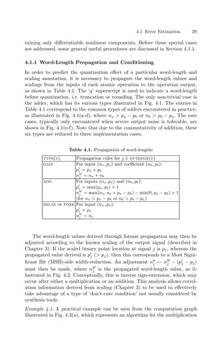 4.1 Error Estimation 29
taining only diﬀerentiable nonlinear components. Before these special cases
are addressed, some general useful procedures are discussed in Section 4.1.1.
4.1.1 Word-Length Propagation and Conditioning
In order to predict the quantization eﬀect of a particular word-length and
scaling annotation, it is necessary to propagate the word-length values and
scalings from the inputs of each atomic operation to the operation output,
as shown in Table 4.1. The ‘q’ superscript is used to indicate a word-length
before quantization, i.e. truncation or rounding. The only non-trivial case is
the adder, which has its various types illustrated in Fig. 4.1. The entries in
Table 4.1 correspond to the common types of adders encountered in practice,
as illustrated in Fig. 4.1(a-d), where na  pa − pb or nb  pb − pa. The rare
cases, typically only encountered when severe output noise is tolerable, are
shown in Fig. 4.1(e-f). Note that due to the commutativity of addition, these
six types are reduced to three implementation cases.
Table 4.1. Propagation of word-lengths
type(v) Propagation rules for j ∈ outedge(v)
gain For input (na, pa) and coeﬃcient (nb, pb):
p
j = pa + pb
nq
j = na + nb
add For inputs (na, pa) and (nb, pb):
p
j = max(pa, pb) + 1
nq
j = max(na, nb + pa − pb) − min(0, pa − pb) + 1
(for na  pa − pb or nb  pb − pa)
delay or fork For input (na, pa):
p
j = pa
nq
j = nj
The word-length values derived through format propagation may then be
adjusted according to the known scaling of the output signal (described in
Chapter 3). If the scaled binary point location at signal j is pj, whereas the
propagated value derived is p
j ( pj), then this corresponds to a Most Signi-
ﬁcant Bit (MSB)-side width-reduction. An adjustment nq
j ← nq
j − (p
j − pj)
must then be made, where nq
j is the propagated word-length value, as il-
lustrated in Fig. 4.2. Conceptually, this is inverse sign-extension, which may
occur after either a multiplication or an addition. This analysis allows correl-
ation information derived from scaling (Chapter 3) to be used to eﬀectively
take advantage of a type of ‘don’t-care condition’ not usually considered by
synthesis tools.
Example 4.1. A practical example can be seen from the computation graph
illustrated in Fig. 4.3(a), which represents an algorithm for the multiplication
 