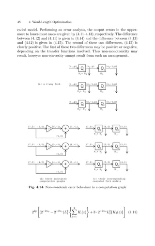48 4 Word-Length Optimization
caded model. Performing an error analysis, the output errors in the upper-
most to lower-most cases are given by (4.11–4.13), respectively. The diﬀerence
between (4.12) and (4.11) is given in (4.14) and the diﬀerence between (4.13)
and (4.12) is given in (4.15). The second of these two diﬀerences, (4.15) is
clearly positive. The ﬁrst of these two diﬀerences may be positive or negative,
depending on the transfer functions involved. Thus non-monotonicity may
result, however non-convexity cannot result from such an arrangement.
+
(7,0) (6,0) (6,-1)
-1/2
(5,0)
(7,-1)
+
(7,0) (5,0) (5,-1)
(5,0)
(6,-1)
+
(7,0) (4,0) (4,-1)
(5,0)
(5,-1)
Q Q
1 2
(7,0) (5,0) (5,0)
H + H
1 2
Q Q
1 2
(7,0) (5,0) (4,0)
H + H
1 2
(b) three annotated
computation graphs
(c) their corresponding
cascaded fork models
-1/2
-1/2
Q Q
1 2
(7,0) (6,0) (5,0)
H + H
1 2
Q Q
1 2
(n ,p) (n -1,p) (n -1,p)
H + H
1 2
1 2 2
H 2
Q Q
1 2
(n ,p) (n -1,p) (n -2,p)
H + H
1 2
1 2 2
Q Q
1 2
(n ,p) (n ,p) (n -1,p)
H + H
1 2
1 2 2
H 2
(a) a 2-way fork
H 1
H 2
H 2
H 1
Fig. 4.14. Non-monotonic error behaviour in a computation graph
22p

(2−2n2
− 2−2n1
)L2
2
 2

i=1
Hi(z)

+ 3 · 2−2n2
L2
2{H2(z)}

(4.11)
 