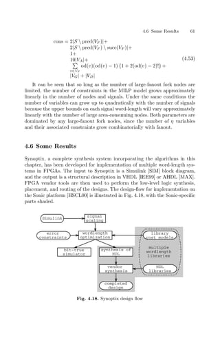 4.6 Some Results 61
cons = 2|S  pred(VF )|+
2|S  pred(VF )  succ(VF )|+
1+
10|VA|+

v∈VF
od(v)(od(v) − 1) {1 + 2(od(v) − 2)!} +
|VG| + |VD|
(4.53)
It can be seen that so long as the number of large-fanout fork nodes are
limited, the number of constraints in the MILP model grows approximately
linearly in the number of nodes and signals. Under the same conditions the
number of variables can grow up to quadratically with the number of signals
because the upper bounds on each signal word-length will vary approximately
linearly with the number of large area-consuming nodes. Both parameters are
dominated by any large-fanout fork nodes, since the number of η variables
and their associated constraints grow combinatorially with fanout.
4.6 Some Results
Synoptix, a complete synthesis system incorporating the algorithms in this
chapter, has been developed for implementation of multiple word-length sys-
tems in FPGAs. The input to Synoptix is a Simulink [SIM] block diagram,
and the output is a structural description in VHDL [IEE99] or AHDL [MAX].
FPGA vendor tools are then used to perform the low-level logic synthesis,
placement, and routing of the designs. The design-ﬂow for implementation on
the Sonic platform [HSCL00] is illustrated in Fig. 4.18, with the Sonic-speciﬁc
parts shaded.
signal
scaling
wordlength
optimization
Simulink
error
constraints
synthesis of
HDL
vendor
synthesis
completed
design
bit-true
simulator
HDL
libraries
library
cost models
multiple
wordlength
libraries
Fig. 4.18. Synoptix design ﬂow
 