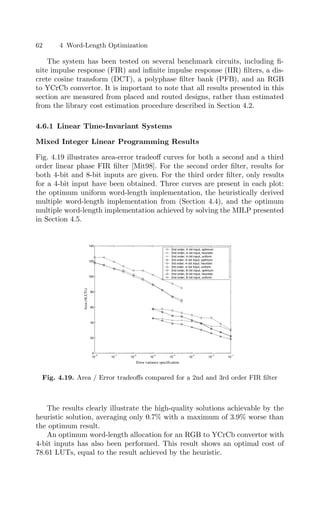 62 4 Word-Length Optimization
The system has been tested on several benchmark circuits, including ﬁ-
nite impulse response (FIR) and inﬁnite impulse response (IIR) ﬁlters, a dis-
crete cosine transform (DCT), a polyphase ﬁlter bank (PFB), and an RGB
to YCrCb convertor. It is important to note that all results presented in this
section are measured from placed and routed designs, rather than estimated
from the library cost estimation procedure described in Section 4.2.
4.6.1 Linear Time-Invariant Systems
Mixed Integer Linear Programming Results
Fig. 4.19 illustrates area-error tradeoﬀ curves for both a second and a third
order linear phase FIR ﬁlter [Mit98]. For the second order ﬁlter, results for
both 4-bit and 8-bit inputs are given. For the third order ﬁlter, only results
for a 4-bit input have been obtained. Three curves are present in each plot:
the optimum uniform word-length implementation, the heuristically derived
multiple word-length implementation from (Section 4.4), and the optimum
multiple word-length implementation achieved by solving the MILP presented
in Section 4.5.
10
−8
10
−7
10
−6
10
−5
10
−4
10
−3
10
−2
10
−1
0
20
40
60
80
100
120
140
2nd order, 4−bit input, optimum
2nd order, 4−bit input, heuristic
2nd order, 4−bit input, uniform
3rd order, 4−bit input, optimum
3rd order, 4−bit input, heuristic
3rd order, 4−bit input, uniform
2nd order, 8−bit input, optimum
2nd order, 8−bit input, heuristic
2nd order, 8−bit input, uniform
Area
(4LUTs)
Error variance specification
Fig. 4.19. Area / Error tradeoﬀs compared for a 2nd and 3rd order FIR ﬁlter
The results clearly illustrate the high-quality solutions achievable by the
heuristic solution, averaging only 0.7% with a maximum of 3.9% worse than
the optimum result.
An optimum word-length allocation for an RGB to YCrCb convertor with
4-bit inputs has also been performed. This result shows an optimal cost of
78.61 LUTs, equal to the result achieved by the heuristic.
 