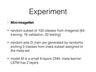 Experiment
• Mini-ImageNet
• random subset of 100 classes from imagenet (64
training, 16 validation, 20 testing)
• random sets D_train are generated by randomly
picking 5 classes from class subset assigned to
the meta-set
• model M is a small 4-layers CNN, meta-learner
LSTM has 2 layers
 