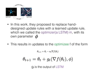 • In this work, they proposed to replace hand-
designed update rules with a learned update rule,
which we called the optimizer(a LSTM) m, with its
own parameter
• This results in updates to the optimizee f of the form
φ
gt is the output of LSTM
 