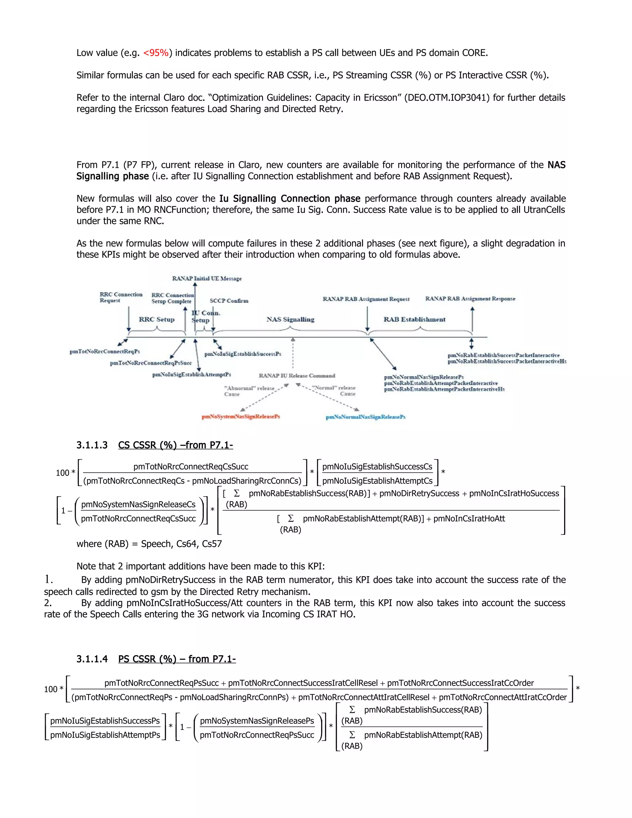 Low value (e.g. <95%) indicates problems to establish a PS call between UEs and PS domain CORE.
Similar formulas can be used for each specific RAB CSSR, i.e., PS Streaming CSSR (%) or PS Interactive CSSR (%).
Refer to the internal Claro doc. “Optimization Guidelines: Capacity in Ericsson” (DEO.OTM.IOP3041) for further details
regarding the Ericsson features Load Sharing and Directed Retry.
From P7.1 (P7 FP), current release in Claro, new counters are available for monitoring the performance of the NAS
Signalling phase (i.e. after IU Signalling Connection establishment and before RAB Assignment Request).
New formulas will also cover the Iu Signalling Connection phase performance through counters already available
before P7.1 in MO RNCFunction; therefore, the same Iu Sig. Conn. Success Rate value is to be applied to all UtranCells
under the same RNC.
As the new formulas below will compute failures in these 2 additional phases (see next figure), a slight degradation in
these KPIs might be observed after their introduction when comparing to old formulas above.
3.1.1.3 CS CSSR (%) –from P7.1-
where (RAB) = Speech, Cs64, Cs57
Note that 2 important additions have been made to this KPI:
1. By adding pmNoDirRetrySuccess in the RAB term numerator, this KPI does take into account the success rate of the
speech calls redirected to gsm by the Directed Retry mechanism.
2. By adding pmNoInCsIratHoSuccess/Att counters in the RAB term, this KPI now also takes into account the success
rate of the Speech Calls entering the 3G network via Incoming CS IRAT HO.
3.1.1.4 PS CSSR (%) – from P7.1-
(RAB)
atHoAttpmNoInCsIrmpt(RAB)]ablishAttepmNoRabEst[
satHoSuccespmNoInCsIrrySuccesspmNoDirRet]
(RAB)
ess(RAB)ablishSuccpmNoRabEst[
*
CsSuccConnectReqpmTotNoRrc
easeCsNasSignRelpmNoSystem
1
*
temptCsstablishAtpmNoIuSigE
ccessCsstablishSupmNoIuSigE
*
nnCs)aringRrcCopmNoLoadSh-qCscConnectRe(pmTotNoRr
CsSuccConnectReqpmTotNoRrc
*100




























∑ +
++∑
−
(RAB)
mpt(RAB)ablishAttepmNoRabEst
(RAB)
ess(RAB)ablishSuccpmNoRabEst
*
PsSuccConnectReqpmTotNoRrc
easePsNasSignRelpmNoSystem
1*
temptPsstablishAtpmNoIuSigE
ccessPsstablishSupmNoIuSigE
*
rIratCcOrdeConnectAttpmTotNoRrcselIratCellReConnectAttpmTotNoRrcnnPs)aringRrcCopmNoLoadSh-qPscConnectRe(pmTotNoRr
OrdercessIratCcConnectSucpmTotNoRrcllReselcessIratCeConnectSucpmTotNoRrcPsSuccConnectReqpmTotNoRrc
*100




























∑
∑
−
++
++
 
