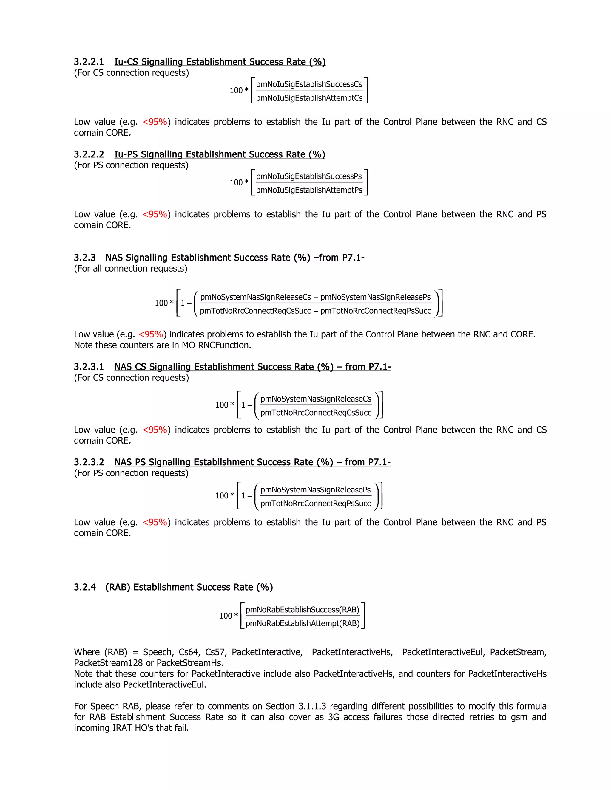3.2.2.1 Iu-CS Signalling Establishment Success Rate (%)
(For CS connection requests)
Low value (e.g. <95%) indicates problems to establish the Iu part of the Control Plane between the RNC and CS
domain CORE.
3.2.2.2 Iu-PS Signalling Establishment Success Rate (%)
(For PS connection requests)
Low value (e.g. <95%) indicates problems to establish the Iu part of the Control Plane between the RNC and PS
domain CORE.
3.2.3 NAS Signalling Establishment Success Rate (%) –from P7.1-
(For all connection requests)
Low value (e.g. <95%) indicates problems to establish the Iu part of the Control Plane between the RNC and CORE.
Note these counters are in MO RNCFunction.
3.2.3.1 NAS CS Signalling Establishment Success Rate (%) – from P7.1-
(For CS connection requests)
Low value (e.g. <95%) indicates problems to establish the Iu part of the Control Plane between the RNC and CS
domain CORE.
3.2.3.2 NAS PS Signalling Establishment Success Rate (%) – from P7.1-
(For PS connection requests)
Low value (e.g. <95%) indicates problems to establish the Iu part of the Control Plane between the RNC and PS
domain CORE.
3.2.4 (RAB) Establishment Success Rate (%)
Where (RAB) = Speech, Cs64, Cs57, PacketInteractive, PacketInteractiveHs, PacketInteractiveEul, PacketStream,
PacketStream128 or PacketStreamHs.
Note that these counters for PacketInteractive include also PacketInteractiveHs, and counters for PacketInteractiveHs
include also PacketInteractiveEul.
For Speech RAB, please refer to comments on Section 3.1.1.3 regarding different possibilities to modify this formula
for RAB Establishment Success Rate so it can also cover as 3G access failures those directed retries to gsm and
incoming IRAT HO’s that fail.




temptCsstablishAtpmNoIuSigE
ccessCsstablishSupmNoIuSigE
*100




temptPsstablishAtpmNoIuSigE
ccessPsstablishSupmNoIuSigE
*100




mpt(RAB)ablishAttepmNoRabEst
ess(RAB)ablishSuccpmNoRabEst
*100
PsSuccConnectReqpmTotNoRrcCsSuccConnectReqpmTotNoRrc
easePsNasSignRelpmNoSystemeaseCsNasSignRelpmNoSystem
1*100










+
+
−
CsSuccConnectReqpmTotNoRrc
easeCsNasSignRelpmNoSystem
1*100









−
PsSuccConnectReqpmTotNoRrc
easePsNasSignRelpmNoSystem
1*100









−
 