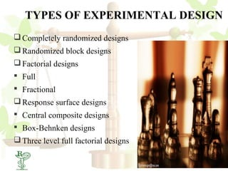 TYPES OF EXPERIMENTAL DESIGN
 Completely randomized designs
 Randomized block designs
 Factorial designs
 Full
 Fractional
 Response surface designs
 Central composite designs
 Box-Behnken designs
 Three level full factorial designs
22
 