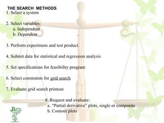 THE SEARCH METHODS
1. Select a system

2. Select variables:
    a. Independent
    b. Dependent

3. Perform experimens and test product.

4. Submit data for statistical and regression analysis

5. Set specifications for feasibility program

6. Select constraints for grid search

7. Evaluate grid search printout

                       8. Request and evaluate:.
                        a. “Partial derivative” plots, single or composite
   61                   b. Contour plots
 