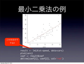 !!


                                result <- lm(dist~speed, data=cars)
                                plot(cars)
                                coef <- result$coef
                                abline(coef[1], coef[2], col="red")

Saturday, March 27, 2010
 