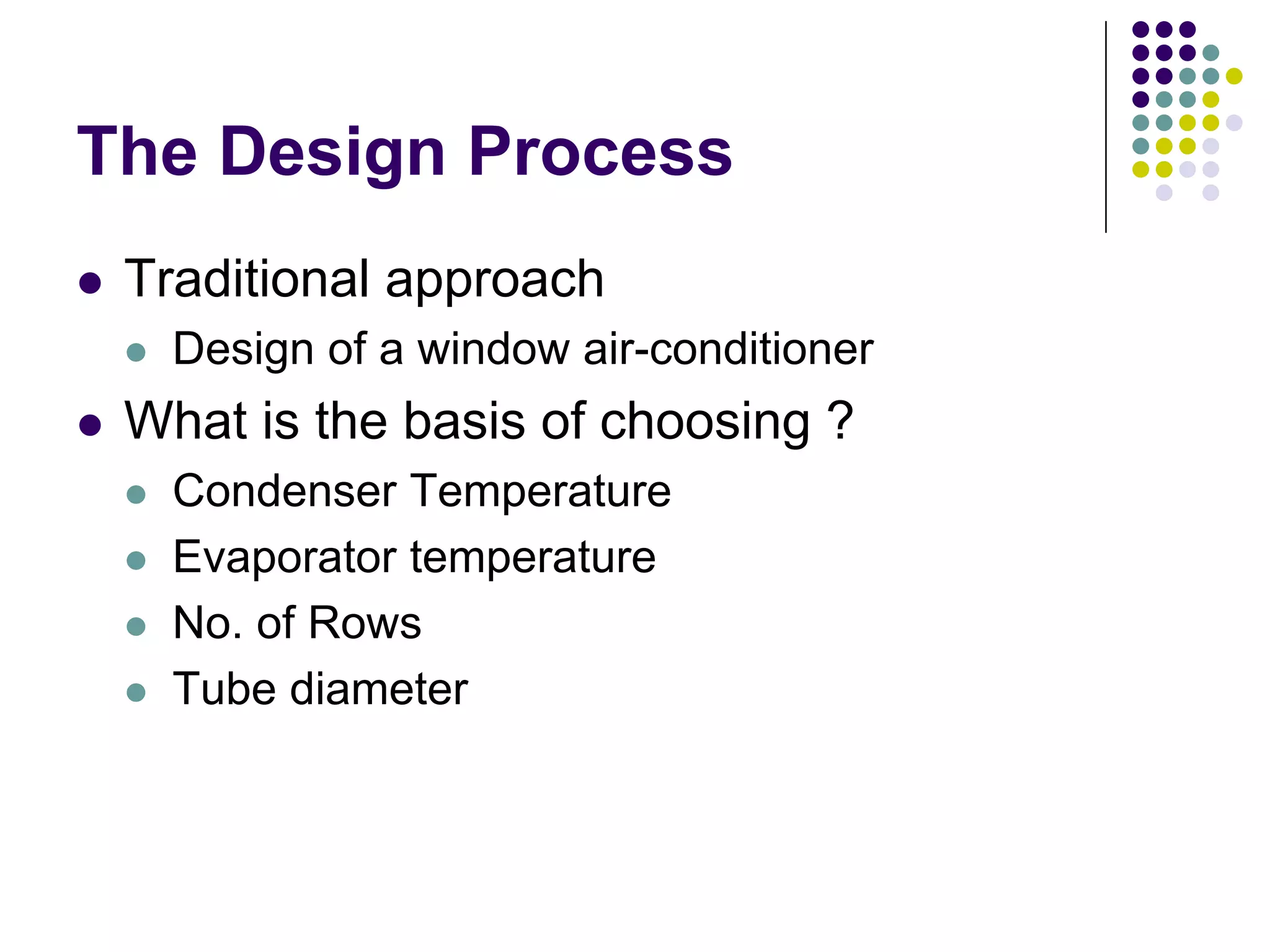 The Design Process
Traditional approach
Design of a window air-conditioner

What is the basis of choosing ?
Condenser Temperature
Evaporator temperature
No. of Rows
Tube diameter

 