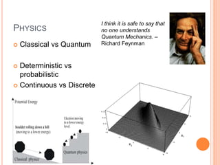 PHYSICS
 Classical vs Quantum
 Deterministic vs
probabilistic
 Continuous vs Discrete
I think it is safe to say that
no one understands
Quantum Mechanics. –
Richard Feynman
 