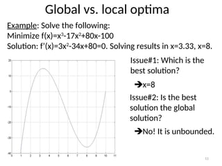 Global vs. local optima
Example: Solve the following:
Minimize f(x)=x3
-17x2
+80x-100
Solution: f’(x)=3x2
-34x+80=0. Solving results in x=3.33, x=8.
Issue#1: Which is the
best solution?
Issue#2: Is the best
solution the global
solution?
x=8
No! It is unbounded.
11
 