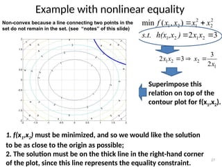 Example with nonlinear equality
27
Non-convex because a line connecting two points in the
set do not remain in the set. (see “notes” of this slide)
.
3
2
)
,
(
min
2
1
2
1
2
2
2
1
2
1




x
x
)
,x
h(x
s.t.
x
x
x
x
f
1
2
2
1
2
3
3
2
x
x
x
x 


Superimpose this
relation on top of the
contour plot for f(x1,x2).
1. f(x1,x2) must be minimized, and so we would like the solution
to be as close to the origin as possible;
2. The solution must be on the thick line in the right-hand corner
of the plot, since this line represents the equality constraint.
 