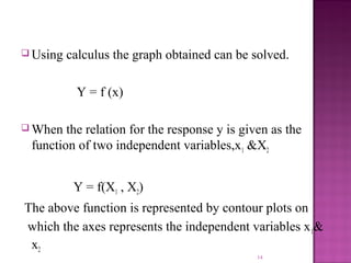  Using calculus the graph obtained can be solved.
Y = f (x)
 When the relation for the response y is given as the
function of two independent variables,x1 &X2
Y = f(X1 , X2)
The above function is represented by contour plots on
which the axes represents the independent variables x1&
x2
14
 