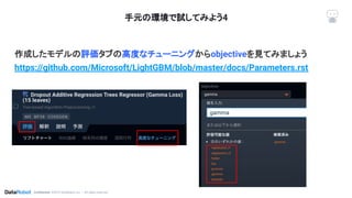 Conﬁdential. ©2019 DataRobot, Inc. – All rights reserved
作成したモデルの評価タブの高度なチューニングからobjectiveを見てみましょう
https://github.com/Microsoft/LightGBM/blob/master/docs/Parameters.rst
手元の環境で試してみよう4
 