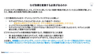 Conﬁdential. ©2019 DataRobot, Inc. – All rights reserved
なぜ指標を意識する必要があるのか
どんなにモデルの精度を向上しても、ビジネスに則していない指標で精度が測られていたならば解釈が難しかっ
たり、実装し時の効果が期待と異なる結果になる
一方で最終的なRoIをターゲットにしてオプティマイズすることは難しい
• モデルをデプロイしてみたらどうなったか、という過去データはない
• 実装済み既存モデルがあれば、モデル精度からRoIを解釈しやすくなる
• よってビジネスRoIは計算が難しく、シミュレーションを伴うことも多い
• モデルだけでビジネスが動いてるわけではない（取られるアクションの質にもよる）ので、モデルによる貢
献は分解して理解するほうが理想
ビジネスRoIとモデルの個別精度が相関するよう、問題設定することも重要
• 例：会社の倒産を予測するモデルが、与信には使えない（期間が違う）
• 例：離反しそうな顧客を見つけるモデルができても、引き止められない
とは言え、特徴量エンジニアリングや、ハイパーパラメーターのチューニング、リーケージ除去などのテーマと比
べると結果に与えるインパクトはそんなに大きくない場合も：「どの指標では測ってもいいモデルはいいモデル」
 