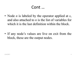 Cont …
• Node n is labeled by the operator applied at s,
and also attached to n is the list of variables for
which it is the last definition within the block.
• If any node’s values are live on exit from the
block, these are the output nodes.
3/14/2017 4
 