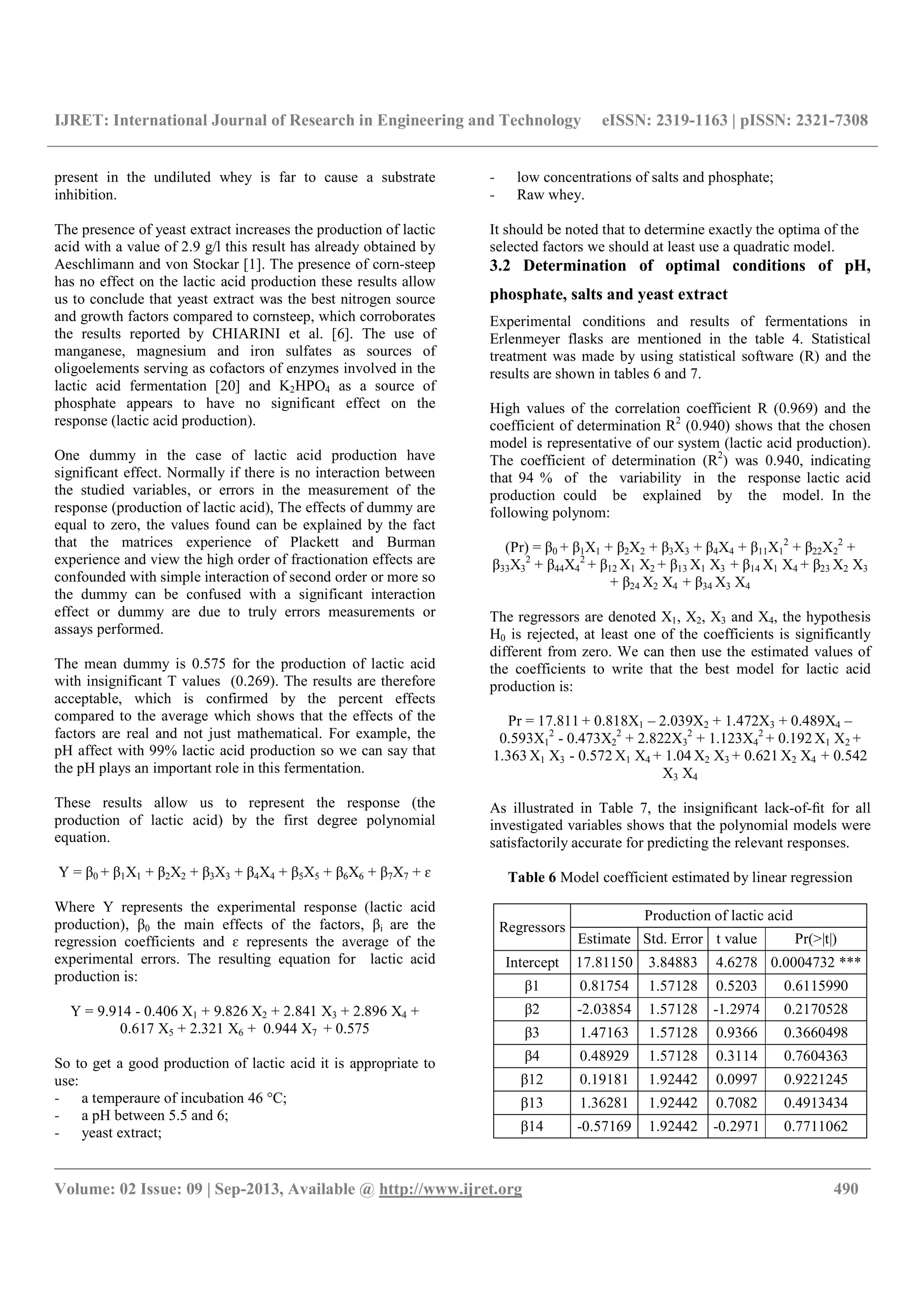 IJRET: International Journal of Research in Engineering and Technology eISSN: 2319-1163 | pISSN: 2321-7308
__________________________________________________________________________________________
Volume: 02 Issue: 09 | Sep-2013, Available @ http://www.ijret.org 490
present in the undiluted whey is far to cause a substrate
inhibition.
The presence of yeast extract increases the production of lactic
acid with a value of 2.9 g/l this result has already obtained by
Aeschlimann and von Stockar [1]. The presence of corn-steep
has no effect on the lactic acid production these results allow
us to conclude that yeast extract was the best nitrogen source
and growth factors compared to cornsteep, which corroborates
the results reported by CHIARINI et al. [6]. The use of
manganese, magnesium and iron sulfates as sources of
oligoelements serving as cofactors of enzymes involved in the
lactic acid fermentation [20] and K2HPO4 as a source of
phosphate appears to have no significant effect on the
response (lactic acid production).
One dummy in the case of lactic acid production have
significant effect. Normally if there is no interaction between
the studied variables, or errors in the measurement of the
response (production of lactic acid), The effects of dummy are
equal to zero, the values found can be explained by the fact
that the matrices experience of Plackett and Burman
experience and view the high order of fractionation effects are
confounded with simple interaction of second order or more so
the dummy can be confused with a significant interaction
effect or dummy are due to truly errors measurements or
assays performed.
The mean dummy is 0.575 for the production of lactic acid
with insignificant T values (0.269). The results are therefore
acceptable, which is confirmed by the percent effects
compared to the average which shows that the effects of the
factors are real and not just mathematical. For example, the
pH affect with 99% lactic acid production so we can say that
the pH plays an important role in this fermentation.
These results allow us to represent the response (the
production of lactic acid) by the first degree polynomial
equation.
Y = β0 + β1X1 + β2X2 + β3X3 + β4X4 + β5X5 + β6X6 + β7X7 + ɛ
Where Y represents the experimental response (lactic acid
production), β0 the main effects of the factors, βi are the
regression coefficients and ɛ represents the average of the
experimental errors. The resulting equation for lactic acid
production is:
Y = 9.914 - 0.406 X1 + 9.826 X2 + 2.841 X3 + 2.896 X4 +
0.617 X5 + 2.321 X6 + 0.944 X7 + 0.575
So to get a good production of lactic acid it is appropriate to
use:
- a temperaure of incubation 46 °C;
- a pH between 5.5 and 6;
- yeast extract;
- low concentrations of salts and phosphate;
- Raw whey.
It should be noted that to determine exactly the optima of the
selected factors we should at least use a quadratic model.
3.2 Determination of optimal conditions of pH,
phosphate, salts and yeast extract
Experimental conditions and results of fermentations in
Erlenmeyer flasks are mentioned in the table 4. Statistical
treatment was made by using statistical software (R) and the
results are shown in tables 6 and 7.
High values of the correlation coefficient R (0.969) and the
coefficient of determination R2
(0.940) shows that the chosen
model is representative of our system (lactic acid production).
The coefficient of determination (R2
) was 0.940, indicating
that 94 % of the variability in the response lactic acid
production could be explained by the model. In the
following polynom:
(Pr) = β0 + β1X1 + β2X2 + β3X3 + β4X4 + β11X1
2
+ β22X2
2
+
β33X3
2
+ β44X4
2
+ β12 X1 X2 + β13 X1 X3 + β14 X1 X4 + β23 X2 X3
+ β24 X2 X4 + β34 X3 X4
The regressors are denoted X1, X2, X3 and X4, the hypothesis
H0 is rejected, at least one of the coefficients is significantly
different from zero. We can then use the estimated values of
the coefficients to write that the best model for lactic acid
production is:
Pr = 17.811 + 0.818X1 – 2.039X2 + 1.472X3 + 0.489X4 –
0.593X1
2
- 0.473X2
2
+ 2.822X3
2
+ 1.123X4
2
+ 0.192 X1 X2 +
1.363 X1 X3 - 0.572 X1 X4 + 1.04 X2 X3 + 0.621 X2 X4 + 0.542
X3 X4
As illustrated in Table 7, the insigniﬁcant lack-of-ﬁt for all
investigated variables shows that the polynomial models were
satisfactorily accurate for predicting the relevant responses.
Table 6 Model coefficient estimated by linear regression
Regressors
Production of lactic acid
Estimate Std. Error t value Pr(>|t|)
Intercept 17.81150 3.84883 4.6278 0.0004732 ***
β1 0.81754 1.57128 0.5203 0.6115990
β2 -2.03854 1.57128 -1.2974 0.2170528
β3 1.47163 1.57128 0.9366 0.3660498
β4 0.48929 1.57128 0.3114 0.7604363
β12 0.19181 1.92442 0.0997 0.9221245
β13 1.36281 1.92442 0.7082 0.4913434
β14 -0.57169 1.92442 -0.2971 0.7711062
 