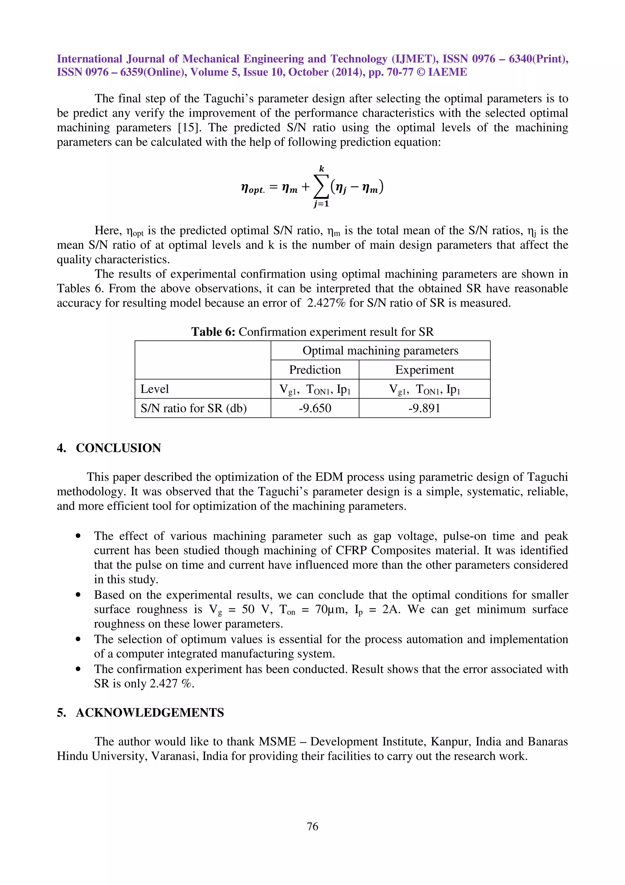 International Journal of Mechanical Engineering and Technology (IJMET), ISSN 0976 – 6340(Print), 
ISSN 0976 – 6359(Online), Volume 5, Issue 10, October (2014), pp. 70-77 © IAEME 
increase surface roughness similarly with increase in pulse on time the pulse duration will increase 
due to which the discharge energy increases which tends to more temperature on the surface due to 
which more cracks generation on the surface takes place. So with the lower parameters we can get 
small surface roughness or we can say good quality surface. 
	
 