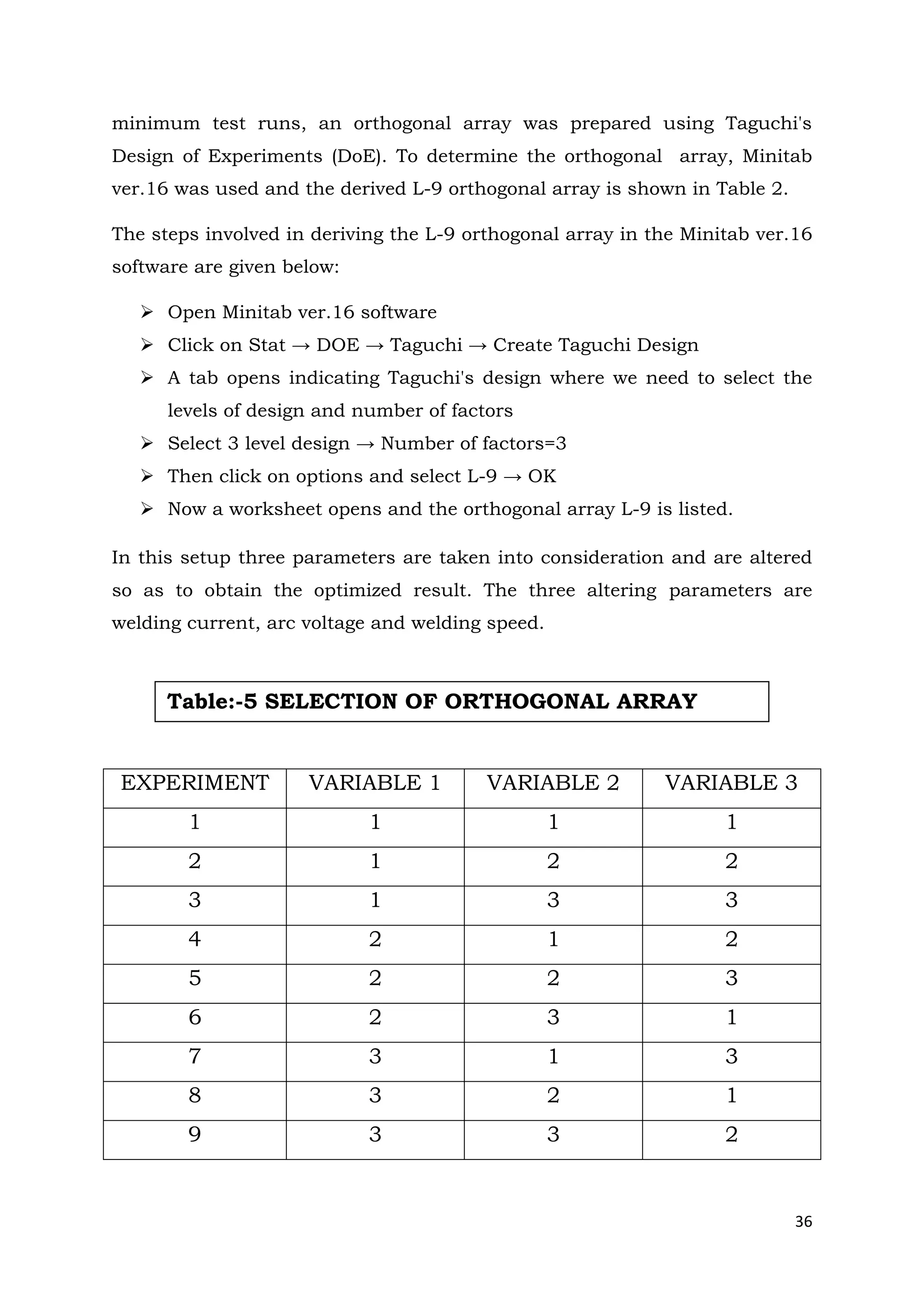 36
minimum test runs, an orthogonal array was prepared using Taguchi's
Design of Experiments (DoE). To determine the orthogonal array, Minitab
ver.16 was used and the derived L-9 orthogonal array is shown in Table 2.
The steps involved in deriving the L-9 orthogonal array in the Minitab ver.16
software are given below:
 Open Minitab ver.16 software
 Click on Stat → DOE → Taguchi → Create Taguchi Design
 A tab opens indicating Taguchi's design where we need to select the
levels of design and number of factors
 Select 3 level design → Number of factors=3
 Then click on options and select L-9 → OK
 Now a worksheet opens and the orthogonal array L-9 is listed.
In this setup three parameters are taken into consideration and are altered
so as to obtain the optimized result. The three altering parameters are
welding current, arc voltage and welding speed.
EXPERIMENT VARIABLE 1 VARIABLE 2 VARIABLE 3
1 1 1 1
2 1 2 2
3 1 3 3
4 2 1 2
5 2 2 3
6 2 3 1
7 3 1 3
8 3 2 1
9 3 3 2
Table:-5 SELECTION OF ORTHOGONAL ARRAY
 