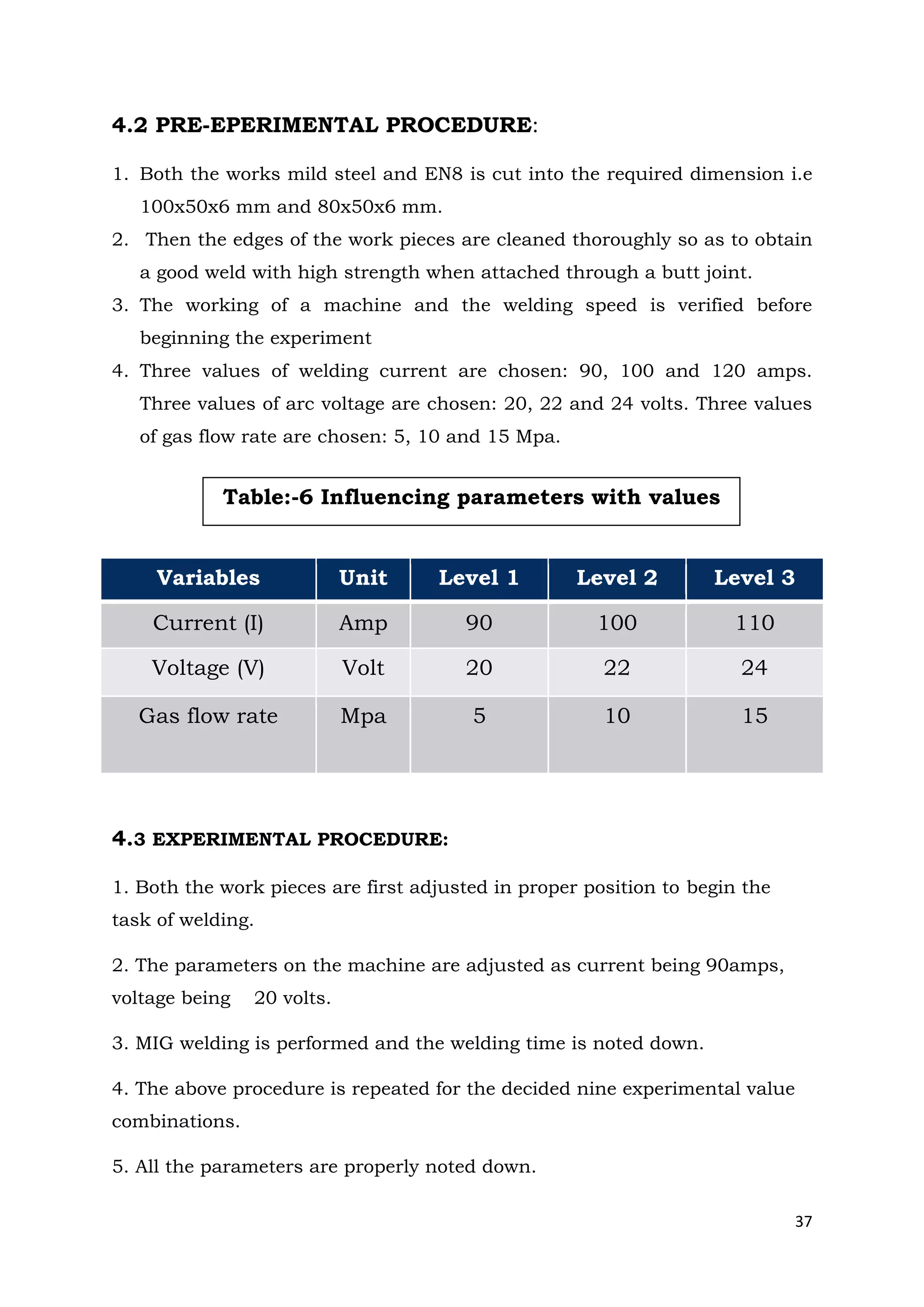 37
4.2 PRE-EPERIMENTAL PROCEDURE:
1. Both the works mild steel and EN8 is cut into the required dimension i.e
100x50x6 mm and 80x50x6 mm.
2. Then the edges of the work pieces are cleaned thoroughly so as to obtain
a good weld with high strength when attached through a butt joint.
3. The working of a machine and the welding speed is verified before
beginning the experiment
4. Three values of welding current are chosen: 90, 100 and 120 amps.
Three values of arc voltage are chosen: 20, 22 and 24 volts. Three values
of gas flow rate are chosen: 5, 10 and 15 Mpa.
4.3 EXPERIMENTAL PROCEDURE:
1. Both the work pieces are first adjusted in proper position to begin the
task of welding.
2. The parameters on the machine are adjusted as current being 90amps,
voltage being 20 volts.
3. MIG welding is performed and the welding time is noted down.
4. The above procedure is repeated for the decided nine experimental value
combinations.
5. All the parameters are properly noted down.
Variables Unit Level 1 Level 2 Level 3
Current (I) Amp 90 100 110
Voltage (V) Volt 20 22 24
Gas flow rate Mpa 5 10 15
Table:-6 Influencing parameters with values
 