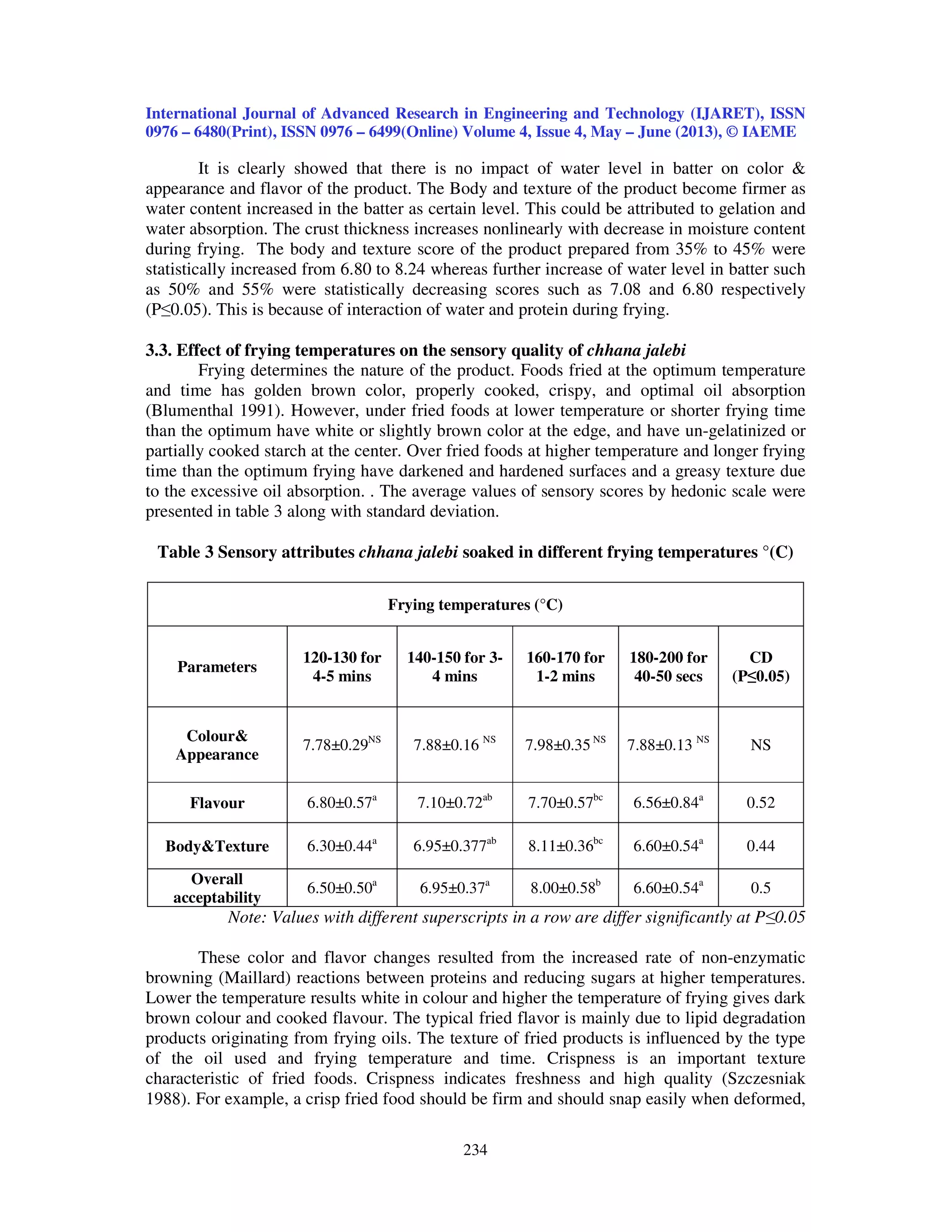 International Journal of Advanced Research in Engineering and Technology (IJARET), ISSN
0976 – 6480(Print), ISSN 0976 – 6499(Online) Volume 4, Issue 4, May – June (2013), © IAEME
234
It is clearly showed that there is no impact of water level in batter on color &
appearance and flavor of the product. The Body and texture of the product become firmer as
water content increased in the batter as certain level. This could be attributed to gelation and
water absorption. The crust thickness increases nonlinearly with decrease in moisture content
during frying. The body and texture score of the product prepared from 35% to 45% were
statistically increased from 6.80 to 8.24 whereas further increase of water level in batter such
as 50% and 55% were statistically decreasing scores such as 7.08 and 6.80 respectively
(P≤0.05). This is because of interaction of water and protein during frying.
3.3. Effect of frying temperatures on the sensory quality of chhana jalebi
Frying determines the nature of the product. Foods fried at the optimum temperature
and time has golden brown color, properly cooked, crispy, and optimal oil absorption
(Blumenthal 1991). However, under fried foods at lower temperature or shorter frying time
than the optimum have white or slightly brown color at the edge, and have un-gelatinized or
partially cooked starch at the center. Over fried foods at higher temperature and longer frying
time than the optimum frying have darkened and hardened surfaces and a greasy texture due
to the excessive oil absorption. . The average values of sensory scores by hedonic scale were
presented in table 3 along with standard deviation.
Table 3 Sensory attributes chhana jalebi soaked in different frying temperatures °(C)
Frying temperatures (°C)
Parameters
120-130 for
4-5 mins
140-150 for 3-
4 mins
160-170 for
1-2 mins
180-200 for
40-50 secs
CD
(P≤0.05)
Colour&
Appearance
7.78±0.29NS
7.88±0.16 NS
7.98±0.35NS
7.88±0.13 NS
NS
Flavour 6.80±0.57a
7.10±0.72ab
7.70±0.57bc
6.56±0.84a
0.52
Body&Texture 6.30±0.44a
6.95±0.377ab
8.11±0.36bc
6.60±0.54a
0.44
Overall
acceptability
6.50±0.50a
6.95±0.37a
8.00±0.58b
6.60±0.54a
0.5
Note: Values with different superscripts in a row are differ significantly at P≤0.05
These color and flavor changes resulted from the increased rate of non-enzymatic
browning (Maillard) reactions between proteins and reducing sugars at higher temperatures.
Lower the temperature results white in colour and higher the temperature of frying gives dark
brown colour and cooked flavour. The typical fried flavor is mainly due to lipid degradation
products originating from frying oils. The texture of fried products is influenced by the type
of the oil used and frying temperature and time. Crispness is an important texture
characteristic of fried foods. Crispness indicates freshness and high quality (Szczesniak
1988). For example, a crisp fried food should be firm and should snap easily when deformed,
 