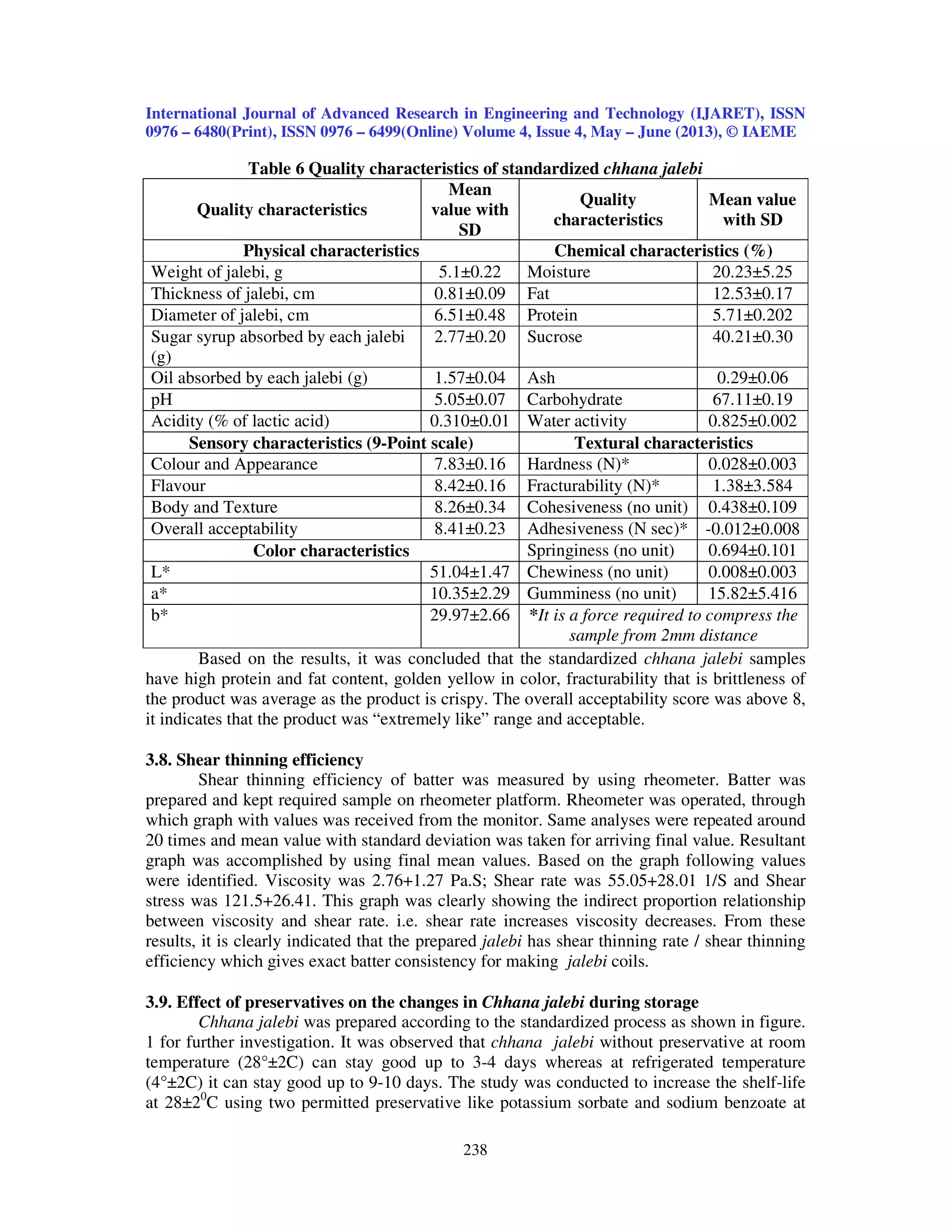 International Journal of Advanced Research in Engineering and Technology (IJARET), ISSN
0976 – 6480(Print), ISSN 0976 – 6499(Online) Volume 4, Issue 4, May – June (2013), © IAEME
238
Table 6 Quality characteristics of standardized chhana jalebi
Quality characteristics
Mean
value with
SD
Quality
characteristics
Mean value
with SD
Physical characteristics Chemical characteristics (%)
Weight of jalebi, g 5.1±0.22 Moisture 20.23±5.25
Thickness of jalebi, cm 0.81±0.09 Fat 12.53±0.17
Diameter of jalebi, cm 6.51±0.48 Protein 5.71±0.202
Sugar syrup absorbed by each jalebi
(g)
2.77±0.20 Sucrose 40.21±0.30
Oil absorbed by each jalebi (g) 1.57±0.04 Ash 0.29±0.06
pH 5.05±0.07 Carbohydrate 67.11±0.19
Acidity (% of lactic acid) 0.310±0.01 Water activity 0.825±0.002
Sensory characteristics (9-Point scale) Textural characteristics
Colour and Appearance 7.83±0.16 Hardness (N)* 0.028±0.003
Flavour 8.42±0.16 Fracturability (N)* 1.38±3.584
Body and Texture 8.26±0.34 Cohesiveness (no unit) 0.438±0.109
Overall acceptability 8.41±0.23 Adhesiveness (N sec)* -0.012±0.008
Color characteristics Springiness (no unit) 0.694±0.101
L* 51.04±1.47 Chewiness (no unit) 0.008±0.003
a* 10.35±2.29 Gumminess (no unit) 15.82±5.416
b* 29.97±2.66 *It is a force required to compress the
sample from 2mm distance
Based on the results, it was concluded that the standardized chhana jalebi samples
have high protein and fat content, golden yellow in color, fracturability that is brittleness of
the product was average as the product is crispy. The overall acceptability score was above 8,
it indicates that the product was “extremely like” range and acceptable.
3.8. Shear thinning efficiency
Shear thinning efficiency of batter was measured by using rheometer. Batter was
prepared and kept required sample on rheometer platform. Rheometer was operated, through
which graph with values was received from the monitor. Same analyses were repeated around
20 times and mean value with standard deviation was taken for arriving final value. Resultant
graph was accomplished by using final mean values. Based on the graph following values
were identified. Viscosity was 2.76+1.27 Pa.S; Shear rate was 55.05+28.01 1/S and Shear
stress was 121.5+26.41. This graph was clearly showing the indirect proportion relationship
between viscosity and shear rate. i.e. shear rate increases viscosity decreases. From these
results, it is clearly indicated that the prepared jalebi has shear thinning rate / shear thinning
efficiency which gives exact batter consistency for making jalebi coils.
3.9. Effect of preservatives on the changes in Chhana jalebi during storage
Chhana jalebi was prepared according to the standardized process as shown in figure.
1 for further investigation. It was observed that chhana jalebi without preservative at room
temperature (28°±2C) can stay good up to 3-4 days whereas at refrigerated temperature
(4°±2C) it can stay good up to 9-10 days. The study was conducted to increase the shelf-life
at 28±20
C using two permitted preservative like potassium sorbate and sodium benzoate at
 